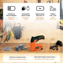 FISHTEC® Agrafeuse Cloueuse Electrique Sans Fil - Batterie Li-Ion 4V - Avec 400 Clous+Agrafes -cloueur et riveteuse Soldes 23629389 3