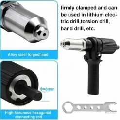JOORRT Adaptateur De Pistolet à Riveter électrique Adaptateur De Mèche à Rivet Outil D'insertion De Rivet Avec Tête De Rivet De 2,4/3,2/4,0/4,8 Mm De Diamètre Et Clé à Poignée Noire -cloueur et riveteuse Soldes 64058432 3